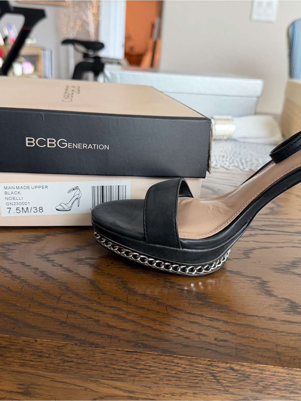 BCBGeneration Black Platform Chain-Trim Heels